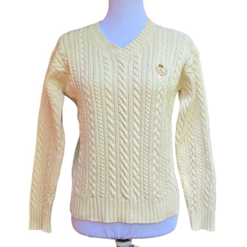 Vintage Lauren Ralph Lauren Crest Cable Knit V Neck Sweater Pale Yellow Petite S